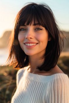 Straight Lob Medium-Length Hairstyle with Bangs. Straight Lob With Fringe, Classic Timeless Haircuts, Straight Lob Haircut With Bangs, Dark Chin Length Hair, Bangs Straight Fine Hair, Lob With Full Bangs, Short Brown Hair With Bangs Straight, A Line Lob With Bangs, Long Bob With Straight Bangs