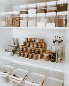 the pantry shelves are filled with various containers and food items, including rice flakes