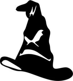 a black and white silhouette of a dog with a hat on it's head