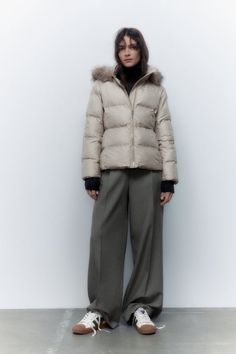 REMOVABLE HOOD WATER AND WIND PROTECTION PUFFER JACKET - Mink | ZARA United States Winter Trousers With Pockets, Winter Straight Pants With Pockets, Winter Wide Leg Bottoms With Hip Pockets, Chic Winter Bottoms With Zip Fly, Wide Leg Bottoms With Hip Pockets For Winter, Winter Trousers With Side Pockets, Winter High-waisted Bottoms With Pockets, Chic Winter Bottoms With Zipper Closure, Chic Bottoms With Zipper Closure For Winter