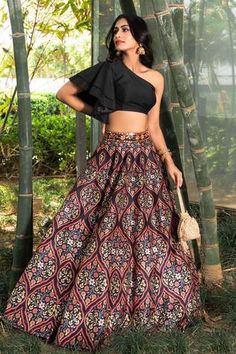 Shop for Rashika Sharma Black Cotton Silk Printed Lehenga With One Shoulder Blouse for Women Online at Aza Fashions Black Ruffle Blouse, Printed Lehenga, Black Lehenga, Lehenga Suit, Blouse Cotton, Embroidered Belt, Dupion Silk, Indian Fabric, Elegant Sets