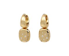 With their modern movement and subtle sparkle, these Kloto earrings are unlike anything in your collection. The polished, tapered 18K yellow gold hoops sit right under the ear and attach to 18K yellow gold latch backs. A rectangular, polished 18K yellow gold drop is covered in a surface of tiny diamonds and dangles below for a hint of unexpected movement. total length : 1"18K yellow gold hoop width : 3mm to 5.5mm18K yellow gold and diamond drops : 1/2" x 3/8"diamonds : vary : 1mm diameter to 2mm Lock Earrings, Flush Setting, Bling Accessories, Tiny Diamond, Diamond Drops, Jewellery Design, Gold Hoops, Ear Jewelry, Gold Hoop