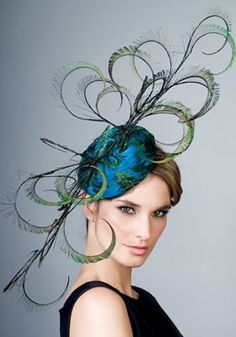 Peacock feathered pillbox with peacock curls Rachel Trevor-Morgan Peacock Hat, Rachel Trevor Morgan, Unusual Hats, Mad Hat, Occasion Hats, Couture Hats, Crazy Hats, Kentucky Derby Hats, Hat Ideas