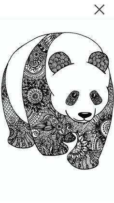 a black and white drawing of a panda bear with flowers on it's chest