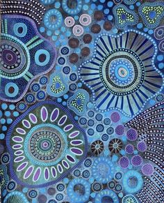 an abstract painting with circles and flowers on the surface, in shades of blue and purple