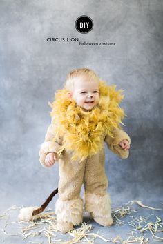 a baby dressed up as a lion with feathers on it's chest and legs