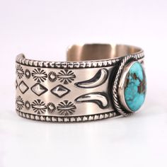 Wide and heavy sterling silver cuff with stamp work details and set with large round turquoise. Turquoise Cuff, Orange Leather, Sterling Silver Cuff, Black Friday Shopping, Leather Cuffs, Gold Leather, Silver Cuff, Sterling Silver Bracelets, Chain Bracelet