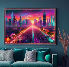 a living room with blue walls and a painting on the wall above it that has an image of a city at sunset