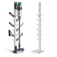 two tall metal racks with different items on them