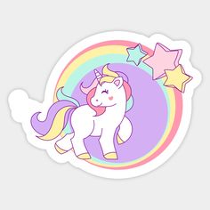 a sticker with a cartoon unicorn and stars on the top, in front of a rainbow