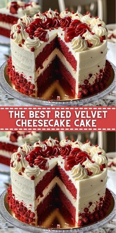 two pictures of the same red velvet cheesecake cake