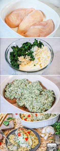 four different pictures of food in pans on a table with text overlay that reads how to make spinach and chicken