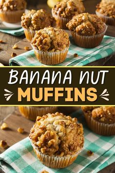 banana nut muffins on a green and white checkered cloth with text overlay