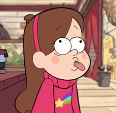 a cartoon girl with long brown hair wearing a pink hoodie and looking at the camera