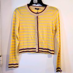 Nwt Magaschoni Yellow And Gray Striped Cardigan With Purple Stripe Details. Fabric: 60% Silk 40% Cotton. Isapproximate Measurements In Pictures Laid Flat (Length Pit To Pit, Sleeve) Yellow Sweater For Spring Layering, Fitted Yellow Cardigan For Fall, Yellow Fitted Trendy Cardigan, Yellow Long Sleeve Cardigan, Yellow Fitted Casual Cardigan, Yellow Fitted Sweater For Layering, Fitted Yellow Casual Cardigan, Fitted Yellow Sweater For Layering, Casual Yellow Cardigan For Day Out