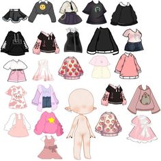 paper doll clothes are arranged on a white background