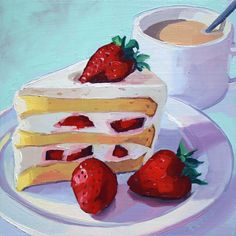 a piece of cake and two strawberries on a plate with a cup of coffee