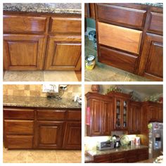 four pictures of different types of wood cabinets in various stages of being refinished