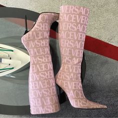 2024 110mm Pink Versace Canvas Logo Boots This Pink Is No Longer Avail In Stores. Purchased 3 Months Ago Wore Twice. I Have Too Many Shoes & The Boxes Are Hugeneed To Sell & Price Is Firm Luxury Pink Pointed Toe Boots, Luxury Pink Fitted Boots, Luxury Fitted Pink Boots, Pink Versace, Polo Boots, Versace Pink, Many Shoes, Versace Shoes, 3 Months