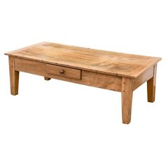 a wooden coffee table with two drawers on one side and an open drawer on the other