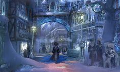 an image of a fantasy scene with people walking in the snow and buildings on either side