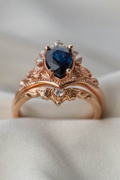 Dark Blue Engagement Ring, Dark Engagement Ring, Dark Blue Ring, Sapphire Engagement Ring Gold, Blue Sapphire Wedding Ring, Matching Ring Set, Most Beautiful Engagement Rings, Handmade Wedding Jewellery, Moonstone Engagement Ring Set