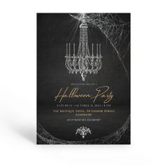 a black and gold halloween party with chandelier on the front, in white lettering