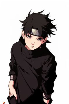 an anime character with black hair, wearing a black outfit and holding his hand on his hip