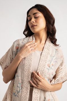 Sand linen kaftan with floral hand screen printed motifs. Comes with shorts and an inner. - Aza Fashions Traditional Spring Kimono, Summer Daywear Sets With Floral Embroidery, Floral Embroidery Sets For Summer Daywear, Bohemian Sets With Floral Embroidery For Summer, Traditional Beach Sets For Spring, Traditional Spring Beach Sets, Traditional Summer Sets With Kimono Sleeves, Embroidered Sets For Summer Loungewear, Traditional Spring Loungewear Dresses