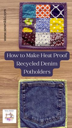 Recycled denim potholders make out of old jeans and quilted with cotton fabric Denim Potholders, Potholder Diy, Quilted Potholder Pattern, Recycling Jeans, Diy Jeans Crafts, Diy Old Jeans, Jeans Recycling, Denim Crafts Diy, Quilted Potholders