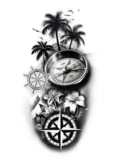 a black and white drawing of a compass, palm trees, and flowers on a white background