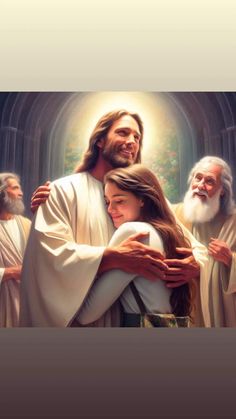 jesus hugging the face of a woman in front of other people