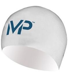 a white swimming cap with blue letters on the front and bottom, which reads mtp