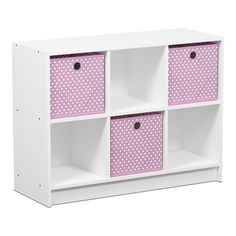 a white shelf with pink polka dot drawers