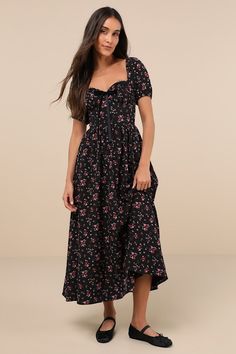 You'll be known for being the most stylish cutie around with the Lulus Lovely Reputation Black Floral Puff Sleeve Bustier Midi Dress! Sleek, stretch-woven fabric boasts a romantic pink and red floral print throughout as it shapes a bustier-inspired bodice with lace-trimmed, lightly gathered cups and a sweetheart neckline with a velvet bow at the center, framed by short puff sleeves (with elastic at the shoulders and cuffs). The set-in waist tops a flowy, A-line skirt that cascades down to a swee Black Floral Midi Dress, Bustier Midi Dress, Midi Dress Floral, Floral Bustier, Black Floral Dress, Velvet Bow, Dress Floral, Floral Dress Black, Large Size Dresses