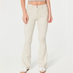 You'll Love These High-Rise Cream Flare Jeans. Fitted Through The Thigh And Flared From Knee To Hem, These Throwback Flare Jeans Are Made In Ultra-Comfy Soft Stretch Denim In Cream. High-Rise Waist. Size 6 Short/ 28s. Short Inseam Is 30 Inches. Never Worn. Imported. Body: 98% Cotton, 2% Elastane Machine Wash Cold, With Like Colors Only Non-Chlorine Bleach Tumble Dry Low Warm Iron If Needed Do Not Dry Clean Cream Fitted Mid-rise Bottoms, Medium Wash Jeans, Hollister Jeans, Dream Clothes, Flare Jeans, Stretch Denim, Hollister, Womens Bottoms, Khaki Pants