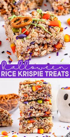 halloween rice krispie treats stacked on top of each other