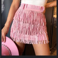 Bought From Blushing Brunette Boutique. New With Tags, Never Taken Out Of Packaging. Glitter Skirt Cowgirl, Pink Fringe Mini Skirt, Sparkly Pink Fringe Skirt, Distressed Jean Skirt, Distressed Skirt, Tan Skirt, Rodeo Outfits, Vintage Calvin Klein, Wool Mini Skirt