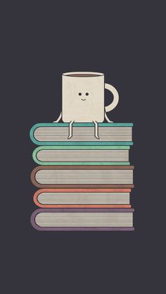 a stack of books with a coffee cup on top