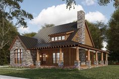 this is an artist's rendering of a small cabin style home with stone and wood accents