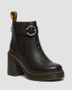 Spence Piercing Leather Flared Heel Chelsea Boots in Black | Dr. Martens Heel Chelsea Boots, Black Dr Martens, Heeled Chelsea Boots, Yellow Heels, Fur Accessories, Boots Uk, Tripp Nyc, Black Chelsea Boots, Black And Yellow