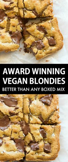 chocolate chip cookie bars stacked on top of each other with the words, award winning vegan blondies better than any boxed mix