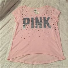 Brand New With Tags, Cute, Victoria's Secret Pink, Rhinestones And Studs, Tee. Size Is Xs But Fit Is Loose Would Fit A Small. Cheap Victoria's Secret Tops For Loungewear, Casual Pink Tops With Rhinestones, Cute Pajama Sets, Cute Pajamas, Virtual Closet, Really Cute Outfits, Pink Rhinestones, Pink Top, Pajama Sets