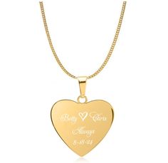 Our custom engraved gold heart necklace is a great gift that can be personalized for that special someone. Great for bridesmaid, flower girls, best friends, or the love of your life. Engrave the heart with names, dates, or a message of love. If you would like to engrave a heart between the names, you can simply write "heart" in the desired location. Both sides of the heart pendant can be engraved. This high polished stainless steel pendant will never tarnish or fade or change color. Dimensions: Stainless Steel Heart Necklace For Anniversary On Valentine's Day, Elegant Gold Name Necklace For Wedding Gift, Gold Nameplate Heart Necklace For Gift, Gold Engraved Heart Necklace For Wedding, Elegant Name Necklace For Wedding And Mother's Day Gift, Personalized Gold Name Necklace For Wedding, Gold Heart-shaped Personalized Name Necklace, Double Heart Name Necklace For Wedding, Elegant Stainless Steel Name Necklace For Valentine's Day