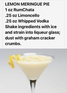 lemon meringue pie recipe in a martini glass with the ingredients labeled below it