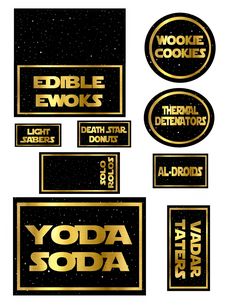 the yoda soda logo is shown in gold on black and has white letters that read edible ewoks