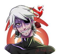 an anime character with white hair and piercings on his face, holding a rose