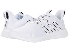 adidas Running Puremotion - Women's Shoes : White/White/Black : Rack up the miles with the lightweight performance of the adidas Running Puremotion shoes! Support Type: Natural. Cushioning: Lightweight, flexible response. Differential: 8.5 mm. Mélange mesh upper. Lace-up closure. Bootie design with front pull-tab. Thin, comfortable tongue and collar. Smooth fabric lining offers a great in-shoe feel. Ortholite float sockliner adds comfort. Wider forefoot platform for natural support during versat Women Shirt Designs, Tennis Shoes Black, Black Rack, Adidas Tennis Shoes, Adidas Tennis, Adidas Brand, Shoes Teen, Black Lines, Black Shoes Women