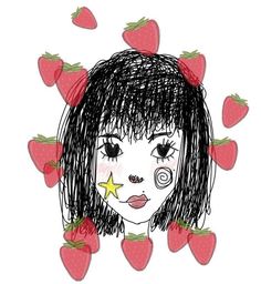 a drawing of a girl surrounded by strawberries