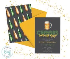 two beer themed birthday party cards with gold confetti and glitter on the background